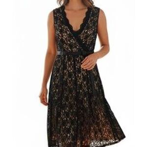 Dressbarn back lace nude lining knee length scalloped v-neck dress womens 16